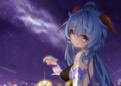 Rule 34 | 1girl, :p, absurdres, ahoge, bare shoulders, bell, binghaiankang, blue hair, blush, breasts, detached sleeves, fireworks, from side, ganyu (genshin impact), genshin impact, highres, horns, long hair, looking at viewer, looking back, low ponytail, medium breasts, neck bell, night, no gloves, red eyes, sideboob, sidelocks, sky, smile, solo, star (sky), starry sky, tongue, tongue out, upper body, white sleeves