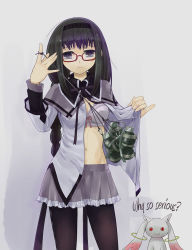 Rule 34 | 1girl, akemi homura, argyle, argyle clothes, argyle legwear, batman (series), black hair, black pantyhose, blouse, bra, braid, capelet, coat stash, crossover, dc comics, english text, explosive, glasses, grenade, groin, hairband, highres, kyubey, lingerie, long hair, magical girl, mahou shoujo madoka magica, mahou shoujo madoka magica (anime), mk (mod0), navel, open clothes, open shirt, pantyhose, parody, pleated skirt, purple eyes, red-framed eyewear, ribbon, shirt, skirt, spoilers, suicide, suicide bomb, the dark knight, twin braids, twintails, underwear, why so serious