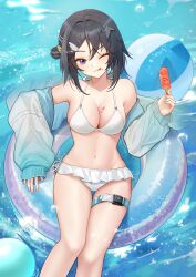 Rule 34 | 1girl, ;), ;p, absurdres, arknights, ball, bare shoulders, beachball, bikini, black hair, blue jacket, commentary, feet out of frame, highres, innertube, jacket, la pluma (arknights), la pluma (summer flowers) (arknights), long sleeves, looking at viewer, mutianliaonaicha, navel, off shoulder, official alternate costume, one eye closed, purple eyes, short hair, smile, solo, stomach, swim ring, swimsuit, thigh strap, thighs, tongue, tongue out, white bikini