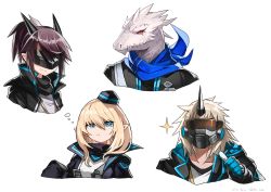 Rule 34 | 2boys, 2girls, absurdres, albino, arknights, bandana, blonde hair, blue eyes, brown hair, popped collar, covered eyes, dated, durin (arknights), furry, furry male, gloves, hat, highres, horns, huge filesize, jacket, lizardman, long sleeves, mask, medium hair, multiple boys, multiple girls, noir corne (arknights), open clothes, open jacket, pointy ears, ponytail, rangers (arknights), red eyes, sahara (shr ssk), single horn, sleeves past fingers, sleeves past wrists, slit pupils, smile, thumbs up, twitter username, visor, white background, yato (arknights)