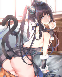 Rule 34 | 1girl, absurdres, ass, back, backless dress, backless outfit, backlighting, bannou ippoutsukou, bare shoulders, black dress, blue eyes, blunt bangs, blush, breasts, cat tail, china dress, chinese clothes, closed mouth, detached sleeves, dress, fate/grand order, fate (series), floral print, hair ornament, highres, large breasts, light rays, long hair, looking at viewer, looking back, on bed, paw pose, pillow, purple hair, side slit, sidelocks, smile, solo, tail, thighs, twintails, very long hair, window, yang guifei (fate), yang guifei (second ascension) (fate)