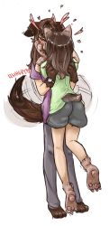 Rule 34 | 1boy, 1girl, 2girls, absurdres, animal ears, animal hands, ass, barefoot, blush, brown hair, commentary, couple, covered face, crossdressing, dog ears, dog tail, english commentary, glasses, green shirt, heart, hetero, hhhori, highres, kiss, kobold (monster girl encyclopedia), long hair, monster girl, monster girl encyclopedia, monster girl encyclopedia ii, multiple girls, pants, purple shirt, shirt, short hair, shorts, signature, simple background, standing, tail, watch, white background, wristwatch, yuri