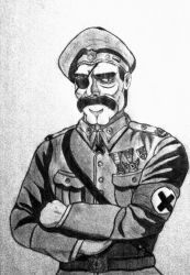 Rule 34 | 1boy, absurdres, armband, badge, belt, black facial hair, black hair, buckle, buttons, collar tabs, colored eyepatch, crossed arms, decorations, donald morden, emblem, epaulettes, eyepatch, facial hair, greyscale, hat, highres, jacket, logo, looking to the side, male focus, matmorden, medal, metal slug, military, military hat, military jacket, military uniform, monochrome, mustache, peaked cap, pocket, portrait, short hair, sketch, solo, suspenders, thick eyebrows, traditional media, uniform, upper body, wrinkled skin, x