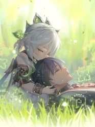 Rule 34 | 1boy, 1girl, aura draws, bangle, blurry, blurry background, bracelet, braid, child, closed eyes, closed mouth, commentary, detached sleeves, dress, english commentary, eyelashes, eyeshadow, falling leaves, forest, genshin impact, grass, green hair, hair ornament, highres, jewelry, kiss, lap pillow, leaf, leaf hair ornament, makeup, nahida (genshin impact), nature, outdoors, parted lips, pointy ears, purple hair, red eyeshadow, scaramouche (genshin impact), short hair, side ponytail, single braid, tears, twitter username, white dress, white hair