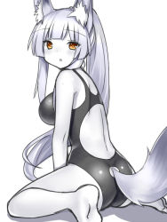 Rule 34 | 1girl, animal ears, ass, back, blush, breasts, brown eyes, clothing cutout, hime cut, long hair, medium breasts, one-piece swimsuit, original, ponytail, simple background, sitting, solo, spot color, swimsuit, tail, tail through clothes, tsukumiya amane, wariza, white background
