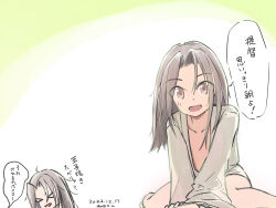 Rule 34 | 1girl, alternate hairstyle, brown eyes, flat chest, forehead, grey hair, grey robe, hair intakes, highres, kantai collection, long hair, looking at viewer, one-hour drawing challenge, open clothes, open robe, robe, sitting, solo, translation request, wada-kun, wariza, zuihou (kancolle)