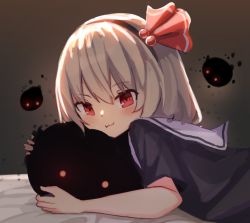 Rule 34 | 1girl, alternate costume, black hairband, black shirt, blonde hair, blush, commentary, darkness, from side, gradient background, hair ribbon, hairband, looking at viewer, lying, on stomach, red eyes, red ribbon, ribbon, rumia, sailor collar, shirt, short hair, short sleeves, smile, solarisu, solo, touhou, upper body