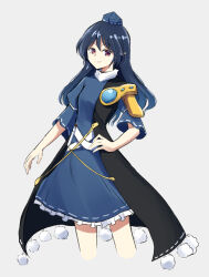 Rule 34 | 1girl, armor, blue dress, blue hair, breasts, closed mouth, commentary request, cowboy shot, cropped legs, dark blue hair, dress, hand on own hip, hat, iizunamaru megumu, kachuten, long hair, looking at viewer, pauldrons, pointy ears, red eyes, shoulder armor, single pauldron, sleeves past elbows, small breasts, smile, solo, standing, tokin hat, touhou, turtleneck, very long hair, waistcoat
