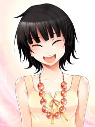 Rule 34 | 1girl, :d, bad id, bad pixiv id, beads, black hair, camisole, closed eyes, collarbone, facing viewer, flat chest, happy, highres, jewelry, mosho, necklace, open mouth, short hair, sleeveless, smile, solo, upper body