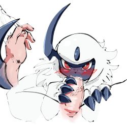 Rule 34 | 1boy, 1girl, absol, absurdres, animal focus, bestiality, blush, bright pupils, claws, creatures (company), disembodied hand, drooling, erection, fellatio, fur collar, game freak, gen 3 pokemon, hand up, highres, looking at viewer, motion lines, nintendo, nose blush, open mouth, oral, penis, pokemon, pokemon (creature), pov, red eyes, red leopard, saliva, short hair, sidelocks, simple background, solo focus, tail, tail wagging, uncensored, veins, veiny penis, white background, white hair, white pupils