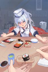 Rule 34 | 1girl, 1other, absurdres, alternate costume, blue eyes, blue hair, blush, chopsticks, folded napkin, food, gawr gura, green tea, highres, holding, holding chopsticks, hololive, hololive english, indoors, kitchen knife, looking at viewer, medium hair, multicolored hair, old metal 666, open mouth, pizza, pizza slice, pov, short sleeves, smile, solo focus, soy sauce, streaked hair, sushi, tea, tuna, virtual youtuber, white hair