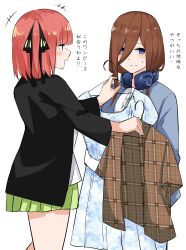Rule 34 | 2girls, black jacket, black ribbon, blue dress, blue eyes, blunt bangs, blush, brown hair, brown shirt, butterfly hair ornament, closed mouth, commentary, cowboy shot, dress, floral print, from side, frown, go-toubun no hanayome, green skirt, hair between eyes, hair ornament, hair over one eye, hair ribbon, headphones, headphones around neck, highres, holding, holding clothes, jacket, long hair, looking at another, looking to the side, mame1645, medium hair, miniskirt, multiple girls, nakano miku, nakano nino, open clothes, open jacket, open mouth, pink hair, plaid, plaid shirt, pleated skirt, profile, ribbon, school uniform, shirt, siblings, simple background, sisters, skirt, smile, standing, sweatdrop, translated, trying on clothes, twins, two side up, white background