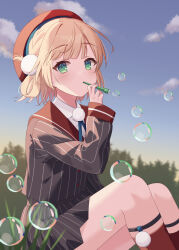 1girl beret blonde_hair blowing_bubbles blue_sky commentary_request feet_out_of_frame green_eyes grey_skirt grey_vest hand_up hat highres indie_virtual_youtuber kamachi_(kamati0maru) looking_at_viewer outdoors pinstripe_pattern red_hat shigure_ui_(vtuber) shirt short_hair sitting skirt sky soap_bubbles solo vest virtual_youtuber white_shirt