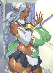 Rule 34 | 1girl, antenna hair, bare shoulders, blue eyes, braid, breasts, cowboy shot, dark elf, dark skin, dark-skinned female, detached collar, elbow gloves, elf, elf no sumu danchi, covered erect nipples, female focus, gloves, hand on own chest, hand up, headband, highres, huge breasts, indoors, kotoyoshi yumisuke, legs, long hair, looking at viewer, miniskirt, nail polish, one eye closed, open mouth, pink nails, plump, pointy ears, puffy areolae, silver hair, skirt, solo, standing, thick thighs, thighhighs, thighs, twin braids, waving, wink