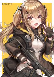 Rule 34 | 1girl, :3, :d, black bow, black gloves, black jacket, black pantyhose, black skirt, blush, bow, breasts, brown eyes, brown hair, character name, commentary request, dress shirt, fingerless gloves, fingernails, girls&#039; frontline, gloves, gun, h&amp;k ump, h&amp;k ump, hair between eyes, hair bow, hair ornament, hairclip, hand up, holding, holding gun, holding weapon, jacket, long hair, looking at viewer, open clothes, open jacket, open mouth, pantyhose, pleated skirt, sakura ani, shirt, skirt, small breasts, smile, solo, trigger discipline, twintails, two-tone background, ump9 (girls&#039; frontline), very long hair, weapon, white background, white shirt, yellow background