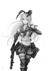 Rule 34 | 10s, 1girl, ammunition pouch, animal ears, boots, breasts, clenched hand, collarbone, commentary request, elbow gloves, fake animal ears, fingerless gloves, gloves, greyscale, gun, h&amp;k mp5, handgun, heckler &amp; koch, holding, holding gun, holding weapon, holster, imizu (nitro unknown), kantai collection, knee boots, knee pads, long hair, magazine (weapon), midriff, miniskirt, monochrome, neckerchief, pistol, pouch, rabbit ears, sailor collar, sailor shirt, shimakaze (kancolle), shirt, simple background, skirt, sleeveless, small breasts, solo, submachine gun, thigh gap, thighhighs, torpedo, weapon