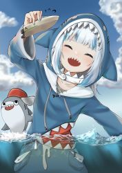 Rule 34 | 1girl, absurdres, animal hood, arm up, blue hair, blue hoodie, blue sky, blush, boat, can, closed eyes, collarbone, commentary, day, fangs, gawr gura, gawr gura (1st costume), highres, holding, hololive, hololive english, hood, hood up, hoodie, huge filesize, kaos (998), long sleeves, multicolored hair, open mouth, shark, shark girl, shark hood, sharp teeth, sky, smile, solo, streaked hair, teeth, virtual youtuber, wading, water, watercraft, white hair