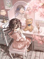 Rule 34 | 2girls, blue ribbon, brown eyes, brown hair, cherry blossoms, closed eyes, different reflection, hair ribbon, highres, lamp, mirror, multiple girls, one eye closed, original, picture frame, red ribbon, reflection, ribbon, sake (utopia modoki), siblings, sitting, stuffed animal, stuffed toy, table, teddy bear, twins, vanity table