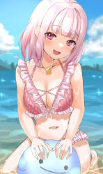 Rule 34 | 1girl, :d, bare arms, barefoot, bikini, blunt bangs, breasts, cleavage, cloud, collarbone, day, frilled bikini, frills, gold necklace, halterneck, hand rest, head tilt, highres, jewelry, kneeling, large breasts, light blush, looking at viewer, medium hair, multi-strapped bikini, navel, necklace, nijisanji, open mouth, outdoors, partially submerged, pink bikini, pink eyes, pink hair, pink ribbon, ribbon, shiina yuika, shiina yuika (6th costume), smile, solo, swimsuit, uuroncha, virtual youtuber, water