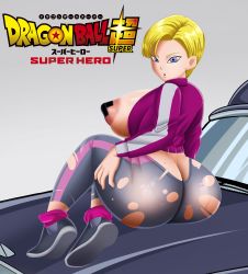 Rule 34 | 1girl, absurdres, alternate ass size, alternate body size, alternate breast size, android 18, blonde hair, blue eyes, breasts, breasts out, butt crack, cleavage, copyright name, curvy, doompypomp, dragon ball, dragon ball super, dragon ball super super hero, full body, gradient background, grey background, highres, huge breasts, jacket, large breasts, looking at viewer, looking back, pasties, pink socks, purple eyes, shiny skin, simple background, socks, sweat, tape, tape on nipples, torn clothes, track jacket