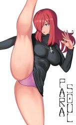 Rule 34 | 1girl, :o, breasts, character name, cross, cross necklace, groin tendon, hair over one eye, half-closed eyes, hands up, highres, jewelry, large breasts, leg up, long hair, necklace, panties, parasoul (skullgirls), red hair, simple background, skullgirls, solo, suwaiya, thick thighs, thighs, turtleneck, underwear, upskirt, white background, yellow eyes