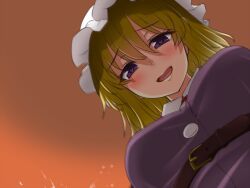 Rule 34 | 1girl, belt, blonde hair, blush, breasts, brown belt, collared dress, commentary request, dress, from below, gradient background, hair between eyes, hat, heart, heart-shaped pupils, highres, implied handjob, lap pov, looking at viewer, maribel hearn, medium breasts, mob cap, open mouth, orange background, purple dress, purple eyes, short hair, smile, solo, symbol-shaped pupils, tori (minamopa), touhou, upper body, white hat