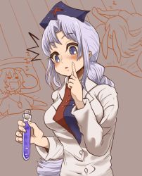 Rule 34 | ^^^, adapted costume, bad id, bad pixiv id, blue eyes, blush, breasts, commentary request, cork, doctor, hat, index finger raised, kokoyashi, lab coat, large breasts, light purple hair, long hair, nurse cap, simple background, solo, test tube, touhou, very long hair, yagokoro eirin