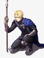 Rule 34 | 1boy, armored boots, blonde hair, boots, cape, dimitri alexandre blaiddyd, dirty, dirty clothes, dirty face, fire emblem, fire emblem: three houses, full body, garreg mach monastery uniform, gauntlets, grey eyes, highres, knee boots, kneeling, lance, long sleeves, male focus, moyashi mou2, nintendo, on one knee, pants, polearm, scabbard, shadow, sheath, sheathed, short hair, simple background, solo, spear, sweatdrop, sword, weapon, white background
