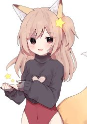Rule 34 | 1girl, animal ear fluff, animal ears, annytf, black gloves, black sweater, brown eyes, brown hair, cleavage cutout, clothing cutout, covered navel, fingerless gloves, fox ears, fox girl, fox tail, gloves, hair ornament, highleg, highleg leotard, highres, indie virtual youtuber, leotard, leotard under clothes, long hair, nail polish, no pants, open mouth, red leotard, riiit44, side ponytail, simple background, smile, solo, star (symbol), star hair ornament, sweater, tail, upper body, virtual youtuber, white background