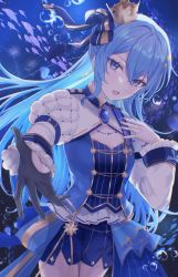 Rule 34 | 1girl, absurdres, blue eyes, blue hair, brooch, crown, foreshortening, frills, gloves, hair ribbon, highres, hololive, hoshimachi suisei, hoshimachi suisei (stellar into the galaxy), jewelry, juliet sleeves, long hair, long sleeves, looking at viewer, mini crown, nolc, official alternate costume, open mouth, outstretched arm, puffy sleeves, ribbon, shorts, single glove, solo, virtual youtuber