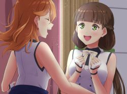 Rule 34 | braid, breasts, brown hair, closed eyes, commentary, fingerless gloves, french braid, gloves, green eyes, long hair, love live!, love live! superstar!!, low twintails, medium breasts, medium hair, orange hair, qy73, sakurakoji kinako, shibuya kanon, smile, stage curtains, twintails, upper body