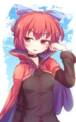 Rule 34 | 1girl, black shirt, blue bow, bow, cape, collar, dress shirt, hair between eyes, hair bow, twirling hair, head tilt, isu (is88), open mouth, red cape, red eyes, red hair, sekibanki, shirt, short hair, solo, touhou, upper body, white background