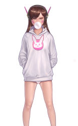Rule 34 | 1girl, animal print, breasts, brown eyes, brown hair, blowing bubbles, casual, chewing gum, commentary request, covered mouth, cowboy shot, d.va (overwatch), emblem, facepaint, facial mark, grey hoodie, hands in pockets, headphones, highres, hood, hoodie, legs, legs apart, long hair, long sleeves, looking at viewer, no pants, overwatch, overwatch 1, panties, pantyshot, pink panties, rabbit print, simple background, small breasts, solo, standing, swept bangs, underwear, whisker markings, white background, yellow2x