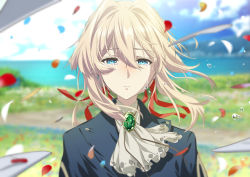 Rule 34 | 1girl, ascot, blonde hair, blue eyes, blue jacket, blue sky, blurry, blurry background, blush, brooch, closed mouth, cloud, cluseller, crying, day, female focus, field, flower, flower field, gem, grass, green gemstone, hair between eyes, horizon, jacket, jewelry, looking at viewer, medium hair, nose blush, ocean, outdoors, petals, sad, sky, solo, standing, straight-on, tears, upper body, violet evergarden, violet evergarden (series), water, white ascot, wind