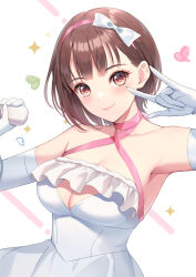 Rule 34 | 1girl, \m/, armpits, blue reflection, blue reflection (series), blue reflection tie, blush, bow, bow hairband, breasts, brown eyes, brown hair, cleavage, dress, gloves, hairband, heart, highres, holding, hoshizaki ao, large breasts, looking at viewer, minato asuka, short hair, sleeveless, sleeveless dress, smile, solo