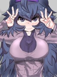 Rule 34 | 1girl, blush, breasts, creatures (company), game freak, hex maniac (pokemon), highres, large breasts, long hair, looking at viewer, nintendo, npc trainer, pokemon, pokemon xy, purple eyes, purple hair, sashihiki otsuri, smile, solo, sweater, upper body