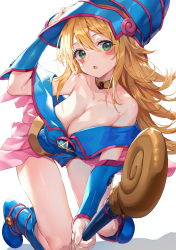 Rule 34 | 1girl, bare shoulders, blonde hair, blue footwear, blush, blush stickers, boots, breasts, choker, cleavage, collarbone, dark magician girl, duel monster, foreshortening, green eyes, hat, highres, huwari (dnwls3010), kneeling, large breasts, long hair, looking at viewer, off shoulder, parted lips, pentacle, simple background, solo, staff, thighs, wand, white background, wizard hat, yu-gi-oh!