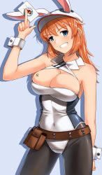 Rule 34 | 1girl, animal ears, black pantyhose, blue background, blue eyes, blush, breasts, brown hair, charlotte e. yeager, cleavage, cleavage cutout, clothing cutout, covered navel, fake animal ears, groin, hat, highres, hiroshi (hunter-of-kct), large breasts, leotard, looking at viewer, pantyhose, playboy bunny, rabbit ears, simple background, smile, solo, strike witches, world witches series