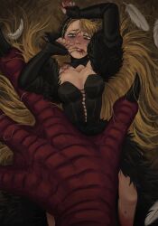 Rule 34 | 2girls, after kiss, arms up, aroused, bite mark, bite mark on shoulder, black dress, black hood, bleeding, blonde hair, blood, blood on mouth, blush, breasts, churroach, claws, cleavage, cross-laced clothes, detached hood, dress, dungeon meshi, ear covers, elf, falin touden, falin touden (chimera), feathers, finger to mouth, fur-trimmed dress, fur dress, fur trim, highres, implied after kiss, lipstick, makeup, marcille donato, marcille donato (lord), multiple girls, pinned, pointy ears, pov, smeared blood, smeared lipstick, spoilers, talons, white feathers, yuri