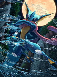 Rule 34 | cloud, commentary request, creatures (company), from below, game freak, gen 6 pokemon, greninja, highres, karamimame, looking down, moon, night, nintendo, outdoors, pokemon, pokemon (creature), red eyes, sky, solo, star (sky), tongue scarf, water drop