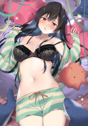 Rule 34 | black bra, black hair, blush, bra, breasts, brown eyes, collarbone, from above, hair between eyes, hands up, heart, heart-shaped pillow, highres, hirari, indoors, jacket, long hair, long sleeves, looking at viewer, lying, medium breasts, navel, on back, open clothes, open jacket, open mouth, original, pajamas, pillow, short shorts, shorts, sleeves past wrists, stomach, striped clothes, striped jacket, striped shorts, stuffed animal, stuffed toy, underwear