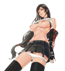 Rule 34 | 1girl, bare shoulders, belt, black gloves, black hair, black thighhighs, breasts, clothes lift, commentary, dark nipples, elbow gloves, female pubic hair, final fantasy, final fantasy vii, final fantasy vii remake, fingerless gloves, from below, gloves, highres, long hair, looking at viewer, navel, nipples, panties, panty pull, pubic hair, red eyes, shirt lift, simple background, skirt, smile, solo, swept bangs, tank top, thighhighs, tifa lockhart, underwear, very long hair, white background, white panties, zjl baiqishi