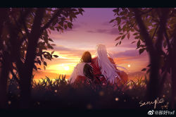 Rule 34 | animal ears, black hair, cloud, cloudy sky, dog ears, grass, hao hao hxf, highres, inuyasha, inuyasha (character), japanese clothes, kikyou (inuyasha), leaning on person, letterboxed, long hair, miko, ponytail, sky, sunset, tree, white hair