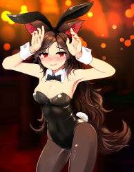 Rule 34 | 1girl, absurdres, alternate costume, animal ears, armpits, bare arms, black hairband, black pantyhose, blush, breasts, brown hair, cleavage, contrapposto, cowboy shot, fake animal ears, hairband, hands up, highres, imaizumi kagerou, leotard, long hair, looking at viewer, medium breasts, nail polish, nama shirasu, pantyhose, playboy bunny, rabbit ears, rabbit tail, red eyes, red nails, solo, standing, tail, touhou, wolf ears, wolf tail, wrist cuffs