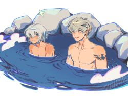 2boys blue_eyes blue_hair collarbone commentary_request eye_contact feyoo14 grey_eyes grey_hair grin hair_behind_ear highres horns light_blue_hair looking_at_another male_focus metaphor:_refantazio multiple_boys nude partially_submerged pectorals protagonist_(metaphor:_refantazio) ripples rock shoulder_blush shoulder_tattoo side-by-side simple_background smile spoilers steam strohl_(metaphor:_refantazio) tattoo teeth triangle_mouth upper_body upper_teeth_only water white_background