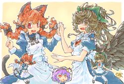 Rule 34 | 3girls, animal ears, bird wings, black bow, black bowtie, bow, bowtie, braid, brown hair, cat ears, cat tail, commentary request, green bow, hair bow, highres, juliet sleeves, kaenbyou rin, komeiji satori, long hair, long sleeves, looking at viewer, maid, multiple girls, multiple tails, open mouth, puffy sleeves, purple hair, red eyes, red hair, reiuji utsuho, short hair, short sleeves, signature, simple background, tail, third eye, touhou, twin braids, two tails, wings, yamasina009, yellow background