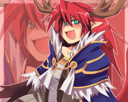 Rule 34 | 1boy, alchemist (ragnarok online), antlers, blue cape, blush, brown coat, cape, coat, commentary request, emon-yu, fang, fur-trimmed cape, fur trim, green eyes, hair between eyes, horns, long hair, looking at viewer, male focus, open mouth, pointy ears, ragnarok online, red hair, slit pupils, solo, upper body, zoom layer