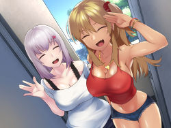 Rule 34 | 2girls, arm up, armpits, bare arms, bare legs, bare shoulders, bitch gal no oshiego ni shiborareru!!, blonde hair, blush, breasts, cleavage, closed eyes, cowboy shot, denim, denim shorts, door, dutch angle, fang, groin, gyaru, hair between eyes, hand up, happy, highres, indoors, jeans, jewelry, large breasts, legs, legs together, light blush, long hair, medium hair, midriff, multiple girls, necklace, off shoulder, open mouth, original, pants, purple hair, red shirt, salute, shirt, short shorts, shorts, side ponytail, smile, standing, tank top, thighs, waving, white shirt, xenoms