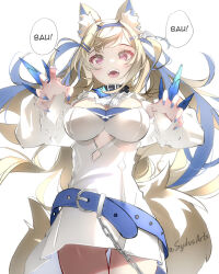 Rule 34 | 1girl, animal ear fluff, animal ears, belt, belt collar, black collar, blonde hair, blue belt, blue hair, blue nails, breasts, cleavage cutout, clothing cutout, collar, dog ears, dog girl, dog tail, dress, fake claws, fuwawa abyssgard, fuwawa abyssgard (1st costume), hair ornament, hairpin, hololive, hololive english, large breasts, looking at viewer, nail polish, pink eyes, solo, spiked collar, spikes, sydus, tail, virtual youtuber, white background, white dress