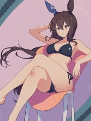 Rule 34 | 1girl, admire vega (umamusume), alternate costume, animal ears, arm up, armpits, barefoot, bikini, black bikini, breasts, brown hair, cleavage, closed mouth, commentary request, crossed legs, from side, hair between eyes, highres, horse ears, horse girl, horse tail, long hair, looking at viewer, medium breasts, multicolored background, on chair, ponytail, purple eyes, sitting, smile, solo, swimsuit, tail, umamusume, wa (wamizest7)